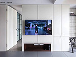 215平米现代简约风三室客厅装修效果图，书柜创意设计图
