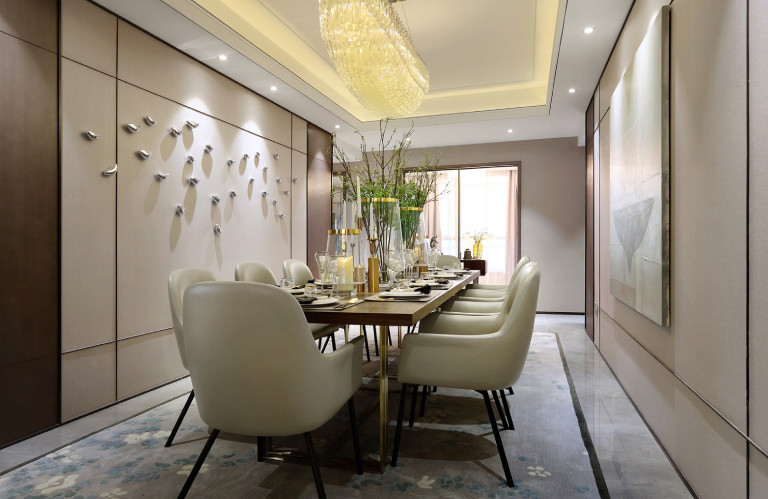 230平米现代简约风三室餐厅装修效果图，墙面创意设计图
