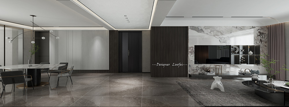 150平米现代简约风三室客厅装修效果图，背景墙创意设计图