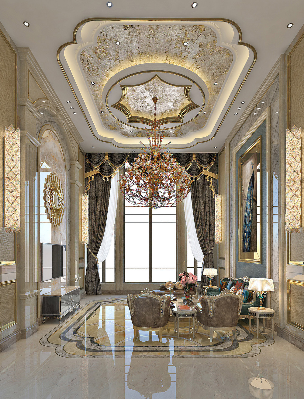 645平米地中海风格别墅客厅装修效果图，吊顶创意设计图