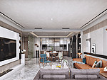 79平米新中式风格四室客厅装修效果图，墙面创意设计图
