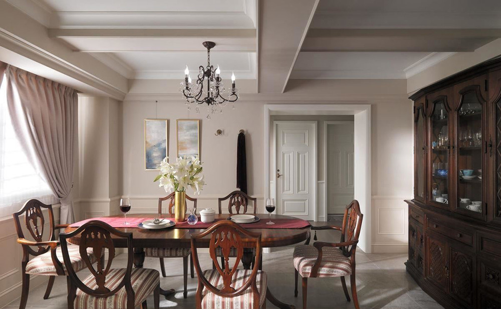 146平米美式风格三室餐厅装修效果图，餐桌创意设计图