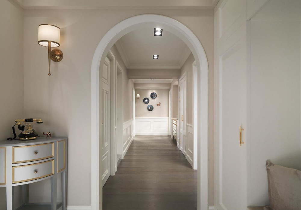 146平米美式风格三室走廊装修效果图，背景墙创意设计图