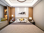 159平米新中式风格三室卧室装修效果图，背景墙创意设计图